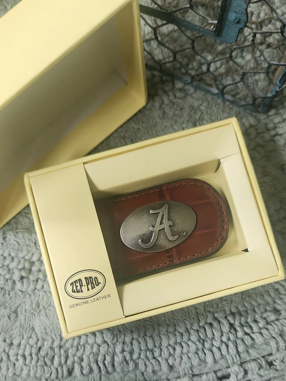 NIB Zep Pro Genuine Leather Alabama Crimson Tide Cash Money Clip Brown Gift Box
